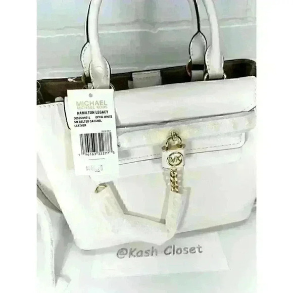 Michael Kors Satchel Hamilton Legacy SM Studded Leather Belted Purse Optic White - Picture 6 of 12